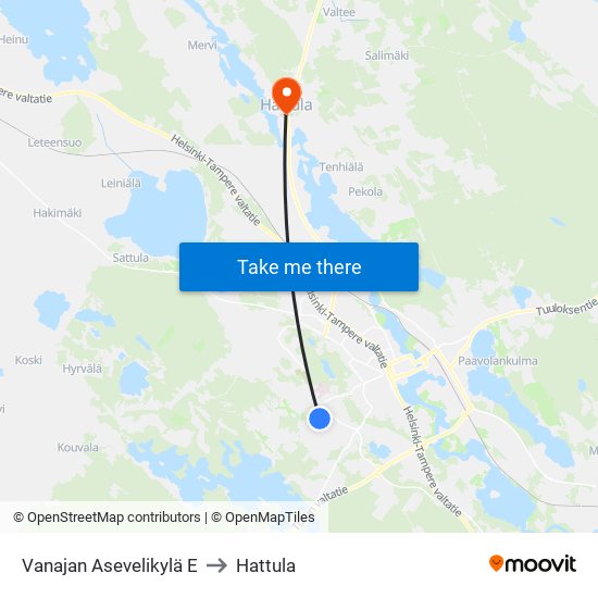 Vanajan Asevelikylä E to Hattula map