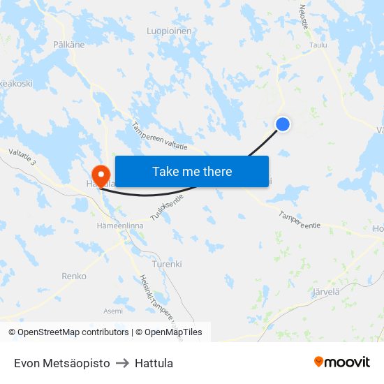 Evon Metsäopisto to Hattula map
