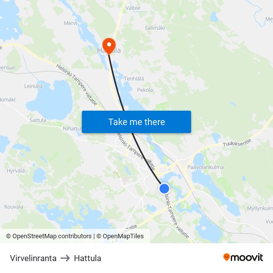 Virvelinranta to Hattula map