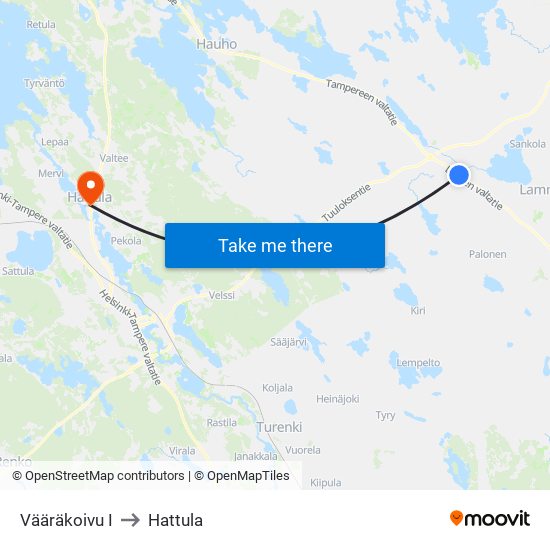 Vääräkoivu I to Hattula map