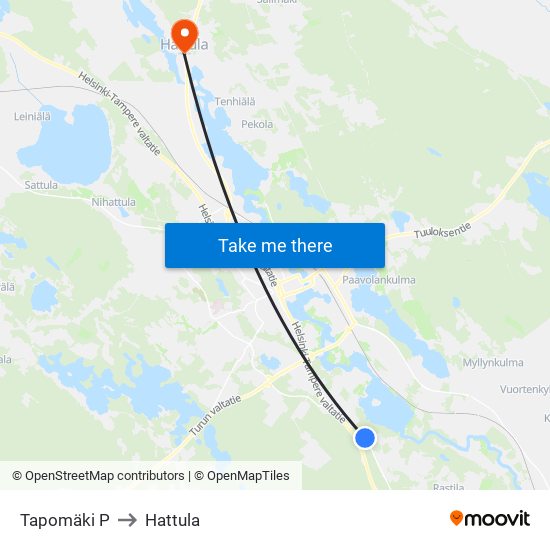 Tapomäki P to Hattula map