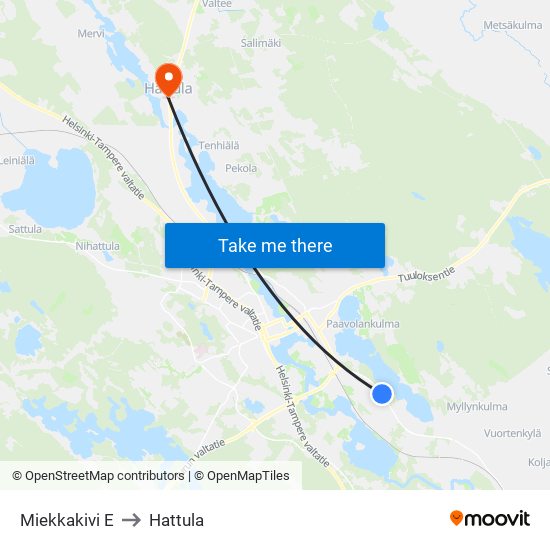 Miekkakivi E to Hattula map