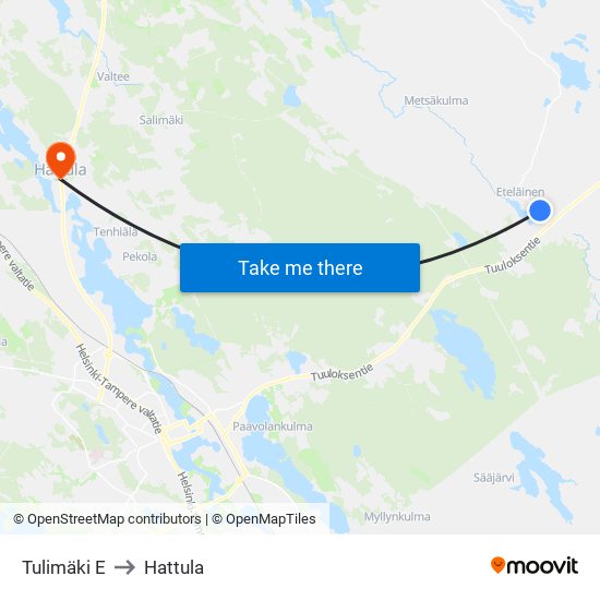 Tulimäki E to Hattula map