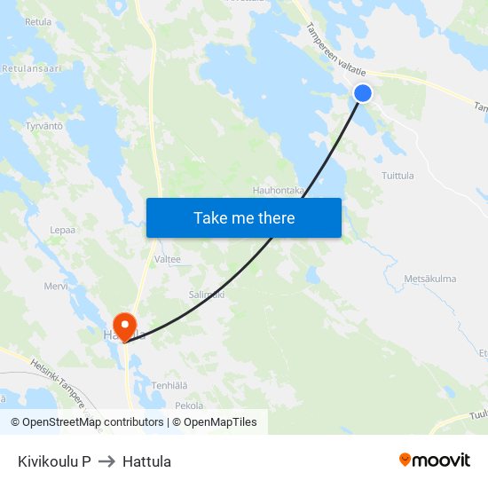 Kivikoulu P to Hattula map