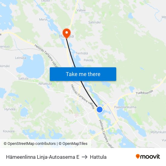Hämeenlinna Linja-Autoasema E to Hattula map