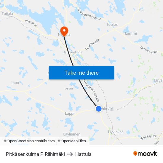 Pitkäsenkulma P Riihimäki to Hattula map