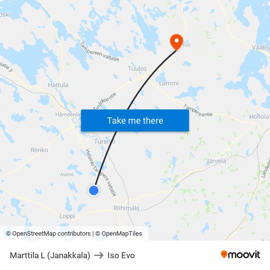 Marttila L (Janakkala) to Iso Evo map