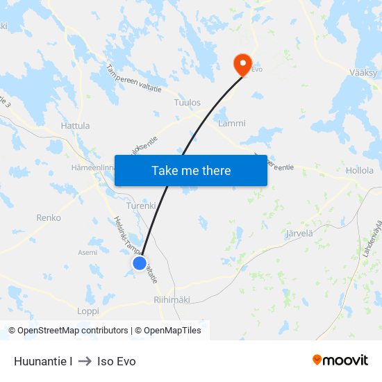 Huunantie I to Iso Evo map