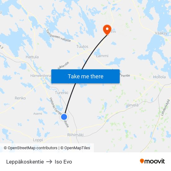 Leppäkoskentie to Iso Evo map