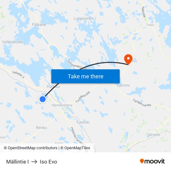 Mällintie I to Iso Evo map