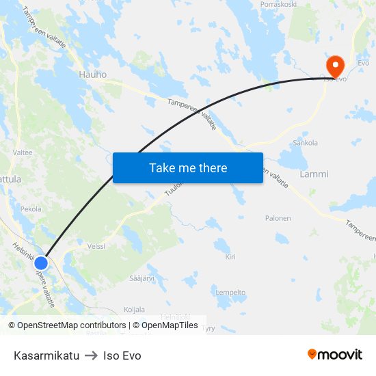 Kasarmikatu to Iso Evo map