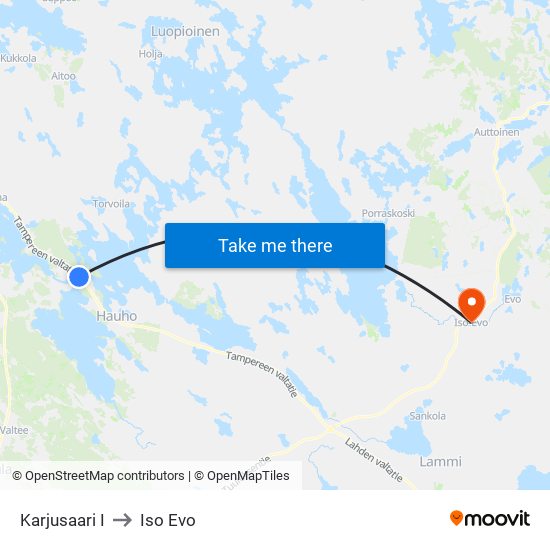 Karjusaari I to Iso Evo map