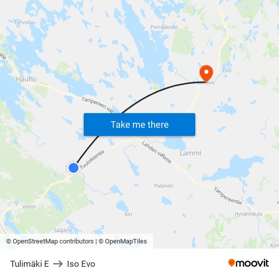 Tulimäki E to Iso Evo map