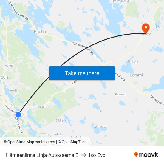 Hämeenlinna Linja-Autoasema E to Iso Evo map