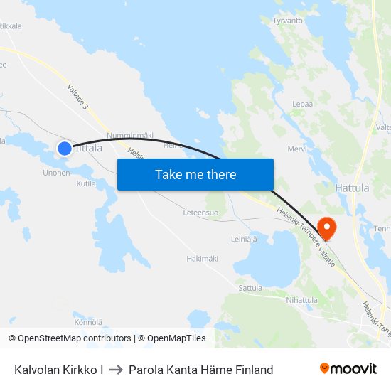 Kalvolan Kirkko I to Parola Kanta Häme Finland map