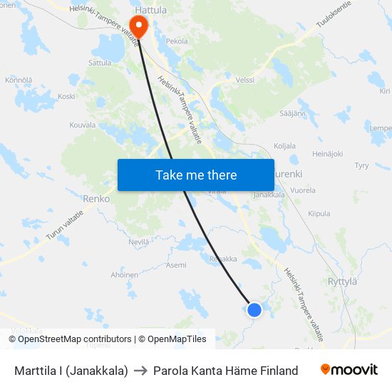 Marttila I (Janakkala) to Parola Kanta Häme Finland map