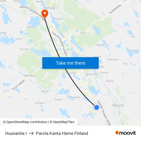 Huunantie I to Parola Kanta Häme Finland map