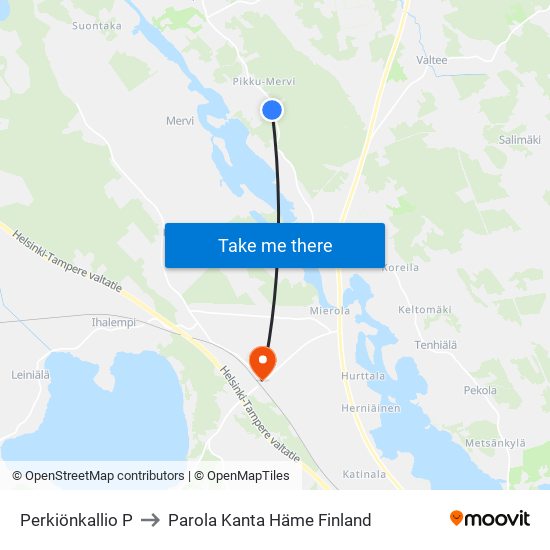 Perkiönkallio P to Parola Kanta Häme Finland map