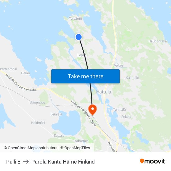 Pulli E to Parola Kanta Häme Finland map