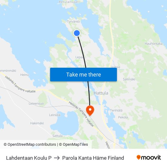 Lahdentaan Koulu P to Parola Kanta Häme Finland map