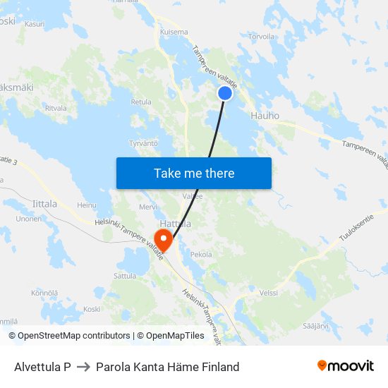 Alvettula P to Parola Kanta Häme Finland map