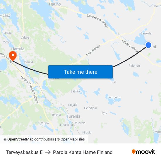 Terveyskeskus E to Parola Kanta Häme Finland map