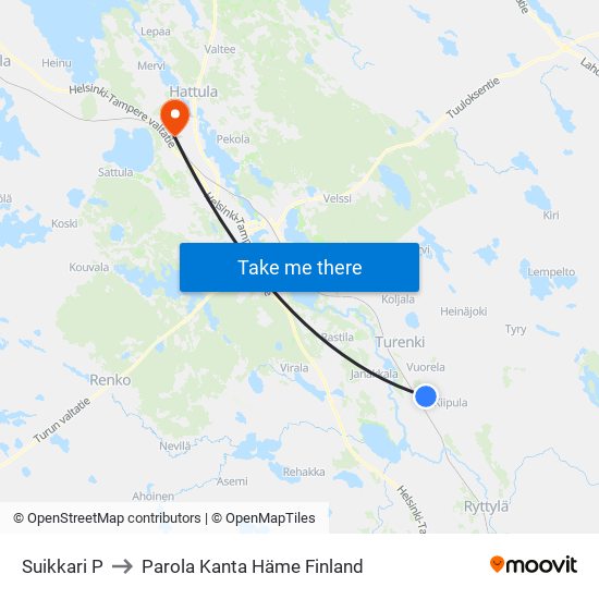 Suikkari P to Parola Kanta Häme Finland map