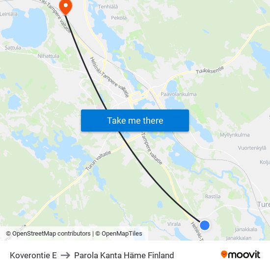 Koverontie E to Parola Kanta Häme Finland map