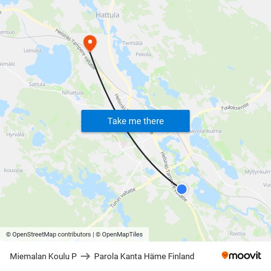 Miemalan Koulu P to Parola Kanta Häme Finland map