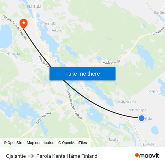 Ojalantie to Parola Kanta Häme Finland map