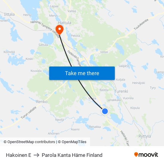 Hakoinen E to Parola Kanta Häme Finland map