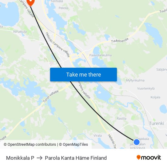 Monikkala P to Parola Kanta Häme Finland map
