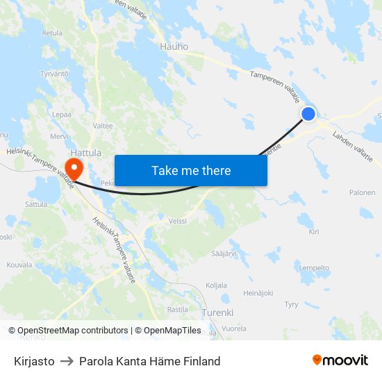 Kirjasto to Parola Kanta Häme Finland map