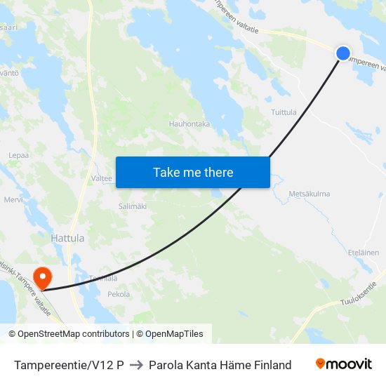 Tampereentie/V12 P to Parola Kanta Häme Finland map