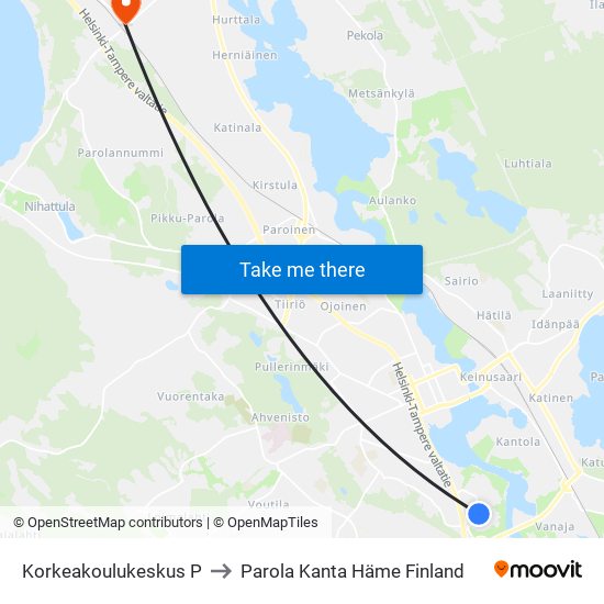 Korkeakoulukeskus P to Parola Kanta Häme Finland map
