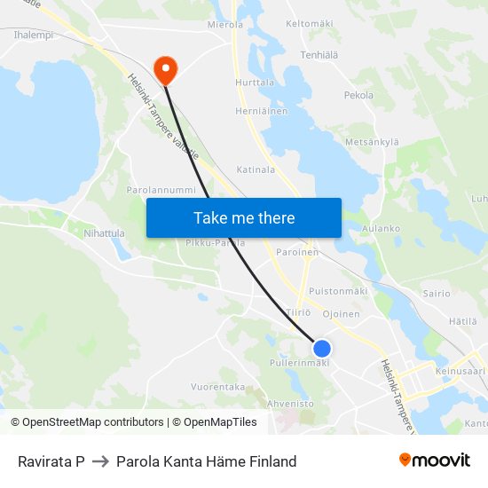 Ravirata P to Parola Kanta Häme Finland map