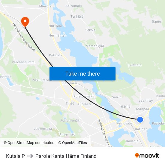 Kutala P to Parola Kanta Häme Finland map