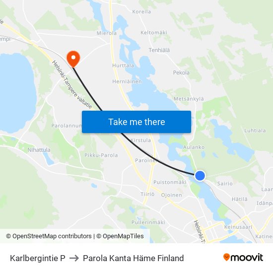 Karlbergintie P to Parola Kanta Häme Finland map