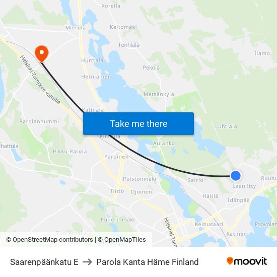 Saarenpäänkatu E to Parola Kanta Häme Finland map