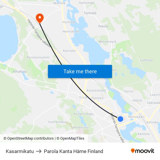 Kasarmikatu to Parola Kanta Häme Finland map