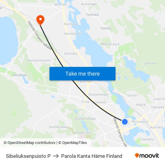 Sibeliuksenpuisto P to Parola Kanta Häme Finland map