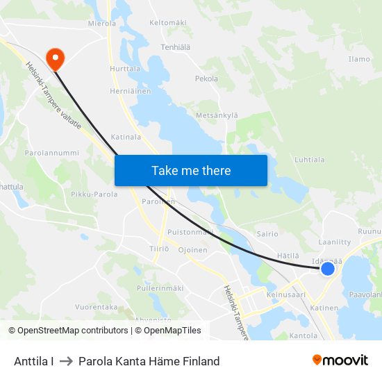 Anttila I to Parola Kanta Häme Finland map