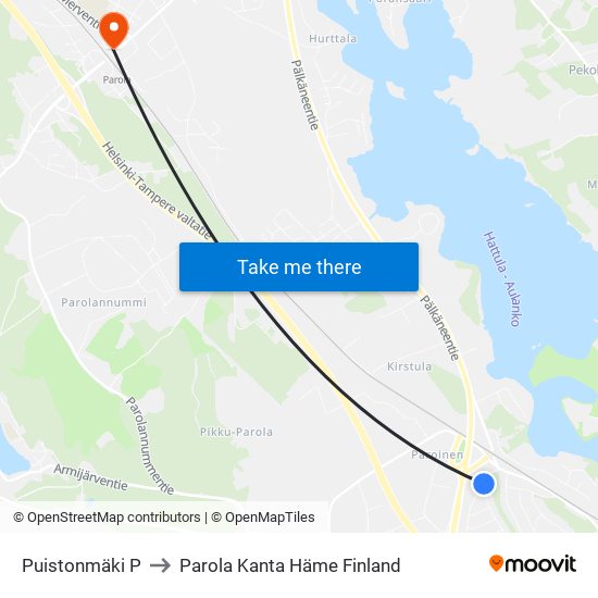 Puistonmäki P to Parola Kanta Häme Finland map