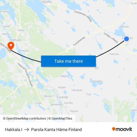 Hakkala I to Parola Kanta Häme Finland map