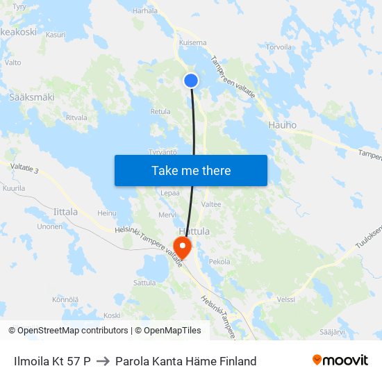 Ilmoila Kt 57 P to Parola Kanta Häme Finland map