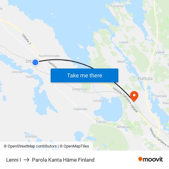 Lenni I to Parola Kanta Häme Finland map