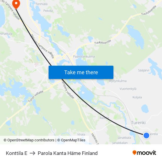Konttila E to Parola Kanta Häme Finland map