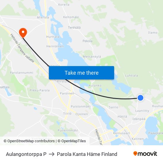 Aulangontorppa P to Parola Kanta Häme Finland map