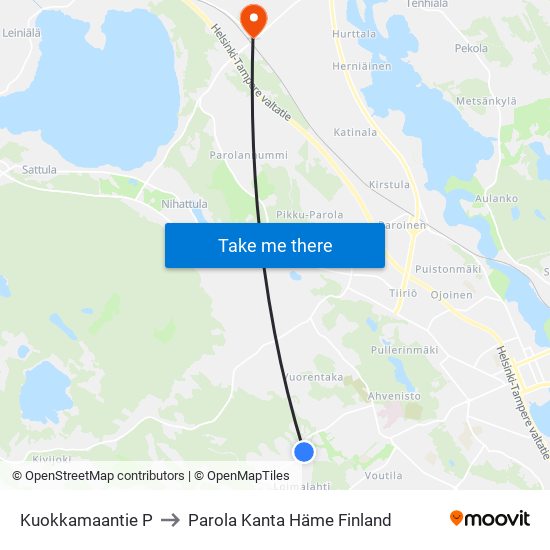 Kuokkamaantie P to Parola Kanta Häme Finland map