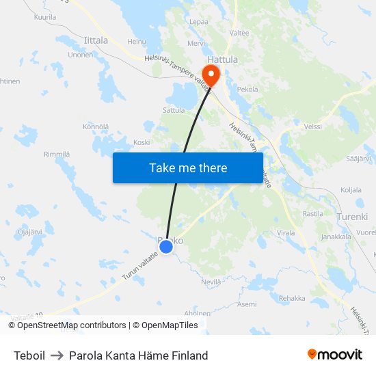 Teboil to Parola Kanta Häme Finland map